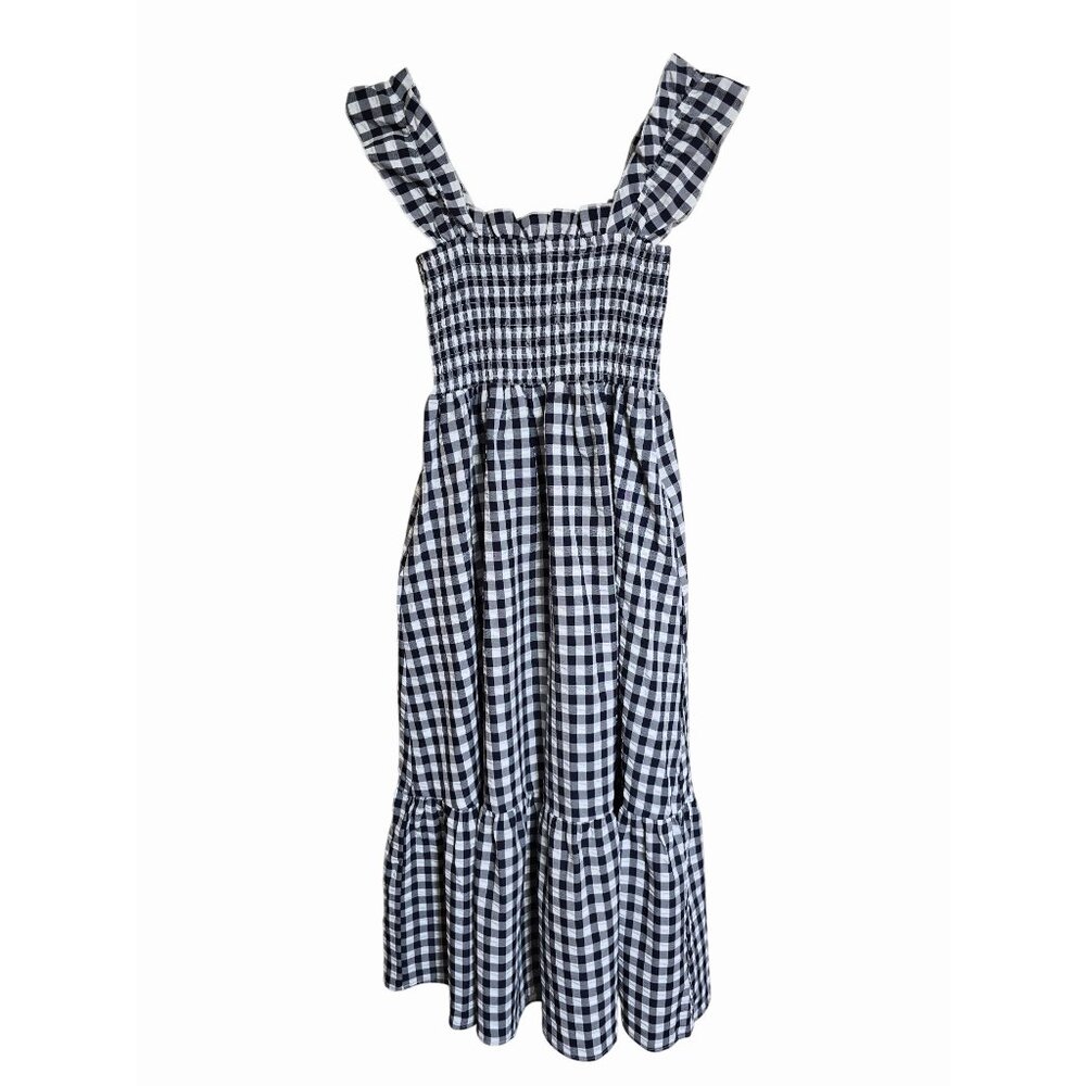 Black & White Gingham Smocked Maxi Dress Ruffle Straps Tiered Hem Medium